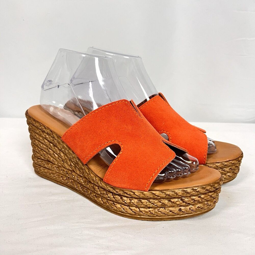 Fabio Moggenti Italy Orange Suede Espadrille Beachy Wedge Sandals Womens 9